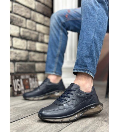 BA0324 İçi Dışı Hakiki Deri Rahat Taban Lacivert Sneakers Casual Erkek Ayakkabı