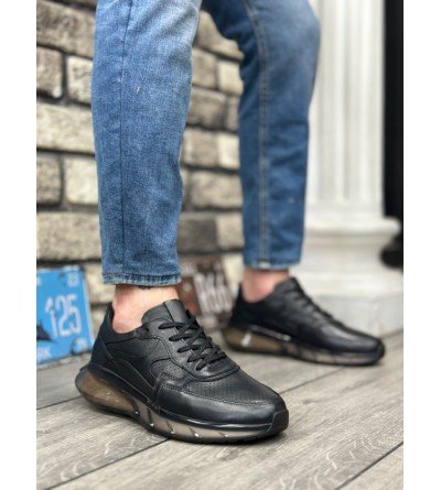 BA0324 İçi Dışı Hakiki Deri Rahat Taban Siyah Sneakers Casual Erkek Ayakkabı