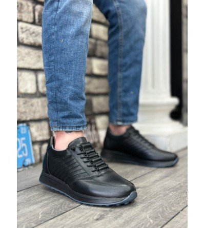 BA0325 İçi Dışı Hakiki Deri Gizli Bağcık Rahat Taban Siyah Sneakers Casual Erkek Ayakkabı